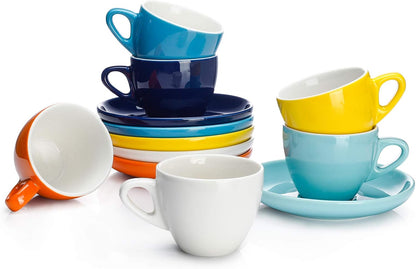 Sweese Espresso Cups with Saucers, 4 Ounce Demitasse Cups, Perfect for Single or Double Espresso, Cappuccino, Latte and Tea - Set of 6, Multicolor
