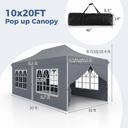 Tangkula 10x20 Ft Pop Up Canopy, UPF 50+ Portable Outdoor Canopy Tent with with 6 Removable Sidewalls, 6 Sandbags, 2 Zippered Door, Windows, Carrying Bag for Party, Wedding, Backyard