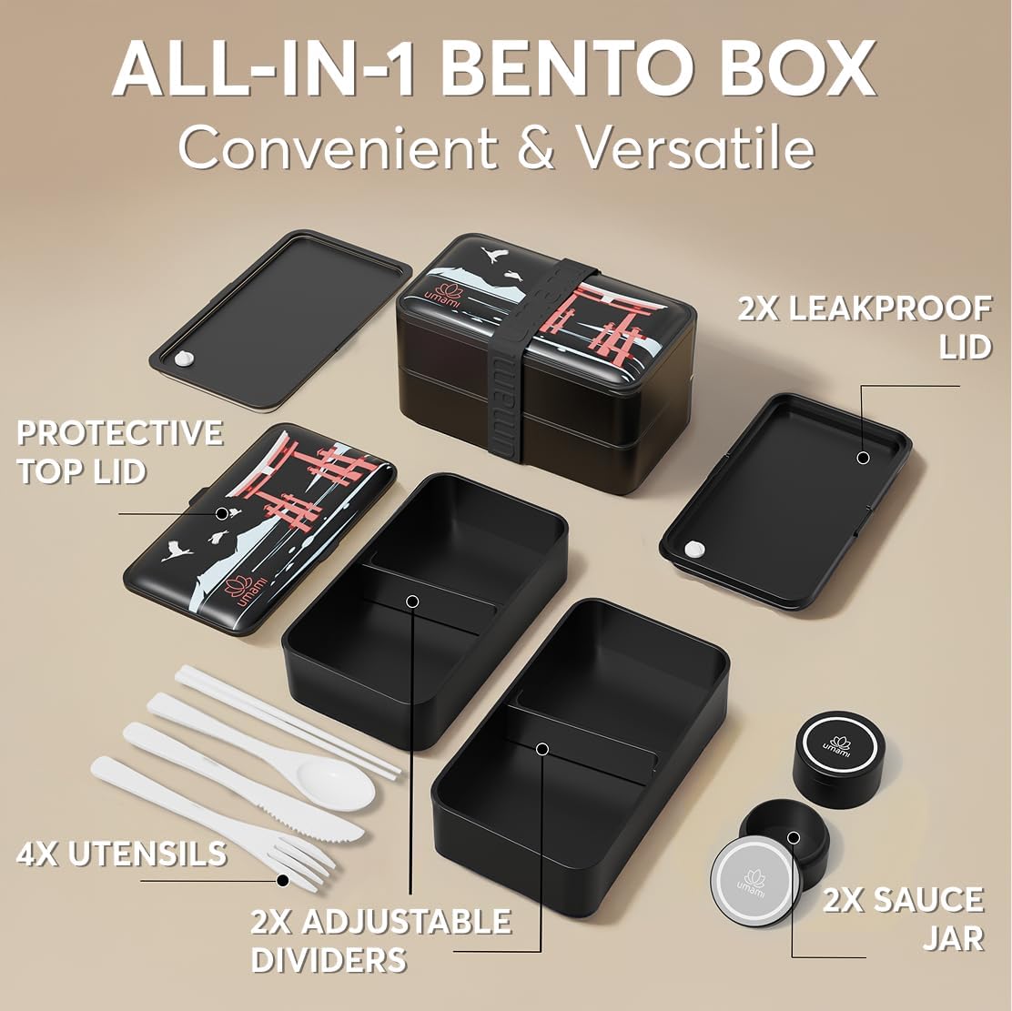 Umami Bento Box Adult All-In-1 w/4 Utensils, 2Sauce Jars, 2 Dividers, 100% Leakproof, Microwave & Dishwasher Safe, Stackable Bento Lunch Box Containers for Men/Women, Matte Black - Miyajima, 40 oz