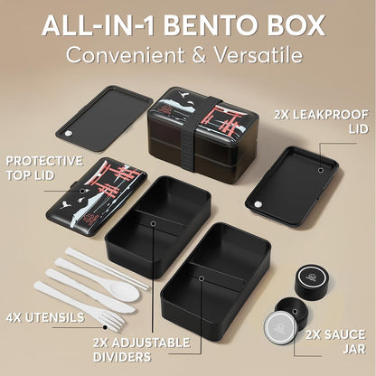 Umami Bento Box Adult All-In-1 w/4 Utensils, 2Sauce Jars, 2 Dividers, 100% Leakproof, Microwave & Dishwasher Safe, Stackable Bento Lunch Box Containers for Men/Women, Matte Black - Miyajima, 40 oz