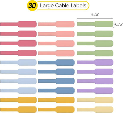 Wrap-It Storage Cable Labels - Large, Macaron (30-Pack) - Colorful Write-On Tags for Basement and Office Organizing