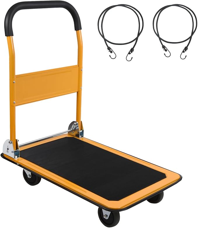 LEADALLWAY Foldable Push Cart Platform Cart 330lbs Capacity 4 Wheels 28.7x18.5x32.3inches Yellow with 2 Ropes Small Flatbed Cart