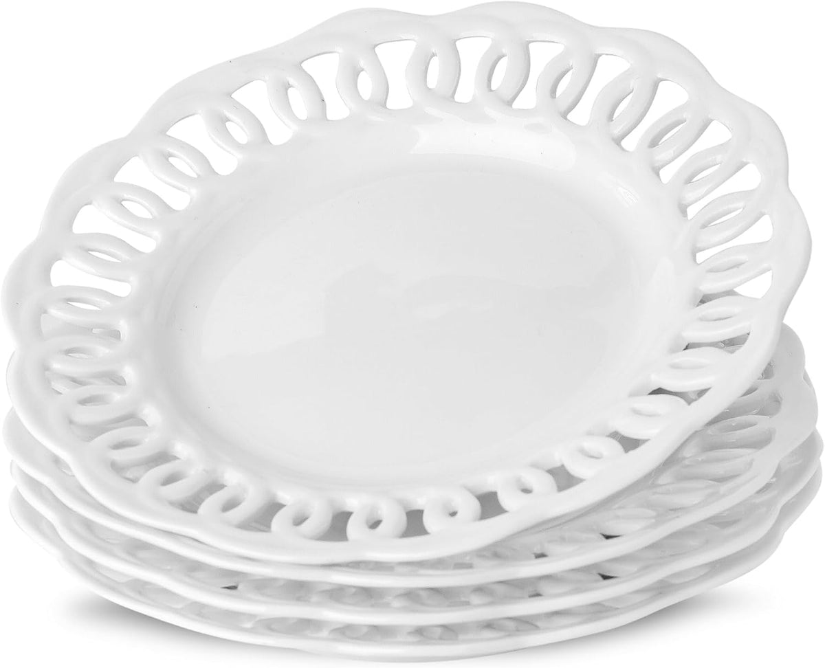 fMBB Round Appetizer Plate with Scalloped Edge Lace Rim, Set of 4, White 8 inch Ceramic Dessert Plates, Small for Cake Snack Side Dish