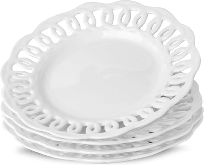 fMBB Round Appetizer Plate with Scalloped Edge Lace Rim, Set of 4, White 8 inch Ceramic Dessert Plates, Small for Cake Snack Side Dish