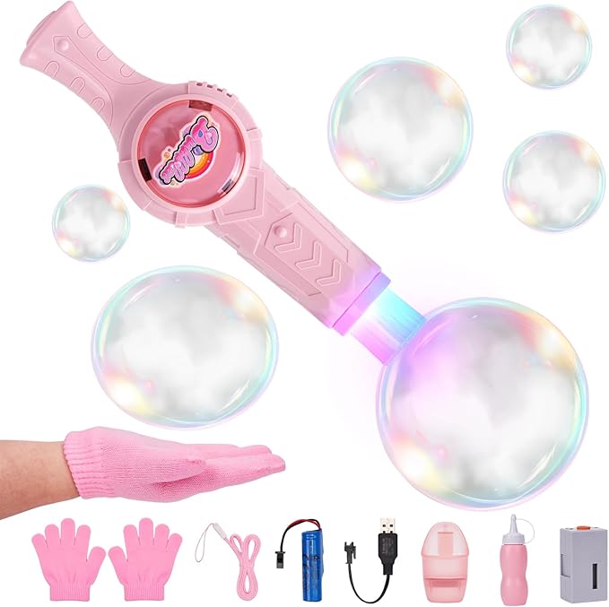 Smoke Bubble Machine, Elastic Bubble Fog Wand, Rechargeable Fog Bubble Machine with Lights & Sound, for Parties Outdoor Interactive Fun (Pink)