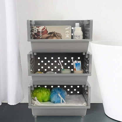4-Pack Gray Plastic Stackable Kitchen Storage Basket, Stacking Organizer Basket
