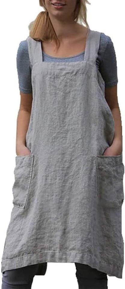 YESDOOD Cotton Linen Apron Cross Back Apron for Women with Pockets Pinafore Dress for Baking Cooking