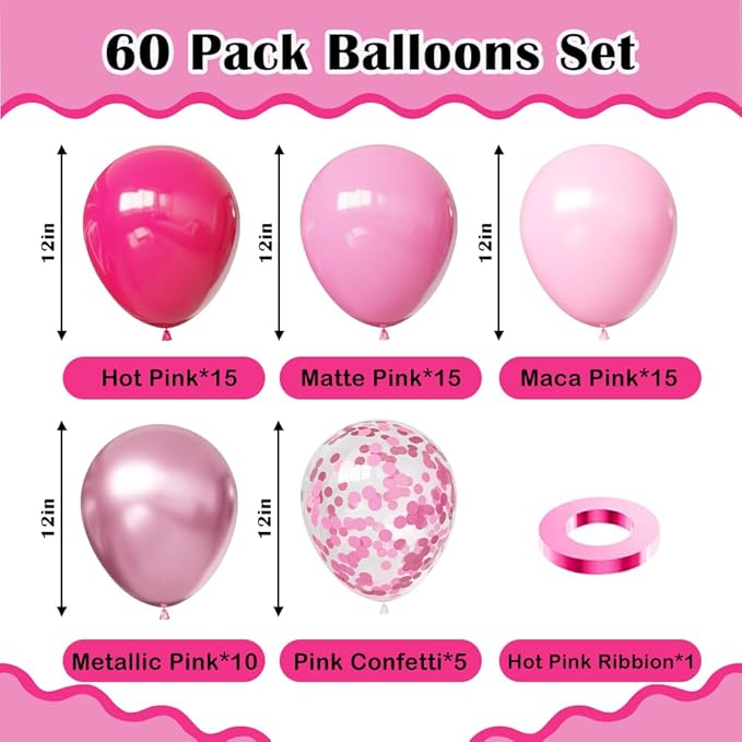 Pink Balloons, 60Pcs Hot Pink Balloons, Pink Metallic Balloons with 12in for Girls Women Baby Shower Valentine's Day Wedding Birthday Party Decoration
