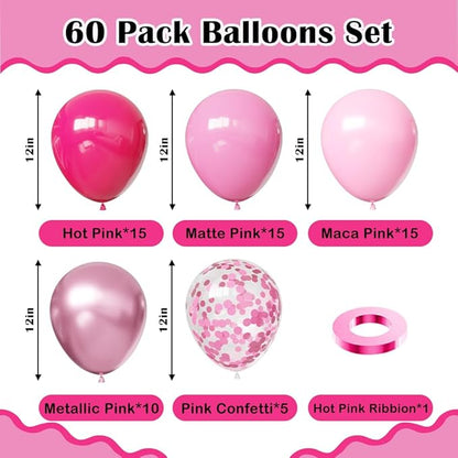 Pink Balloons, 60Pcs Hot Pink Balloons, Pink Metallic Balloons with 12in for Girls Women Baby Shower Valentine's Day Wedding Birthday Party Decoration