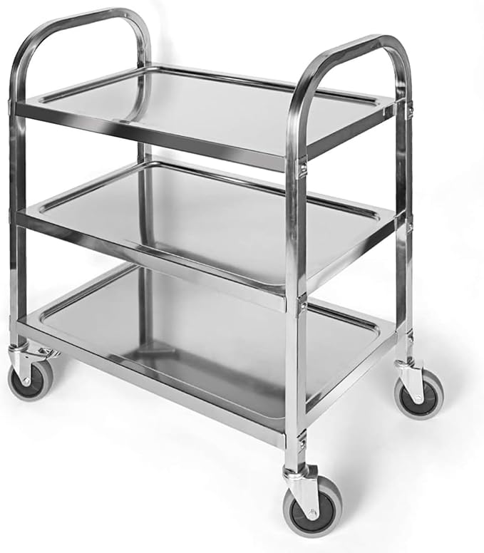 Nisorpa 3 Tier Stainless Steel Utility Cart L30 x W16 x H33 Inch Kitchen Rolling Carts with Wheels Serving Trolley Catering Storage Shelf with 2 Lockable Wheels for Hotel Restaurant Home Use