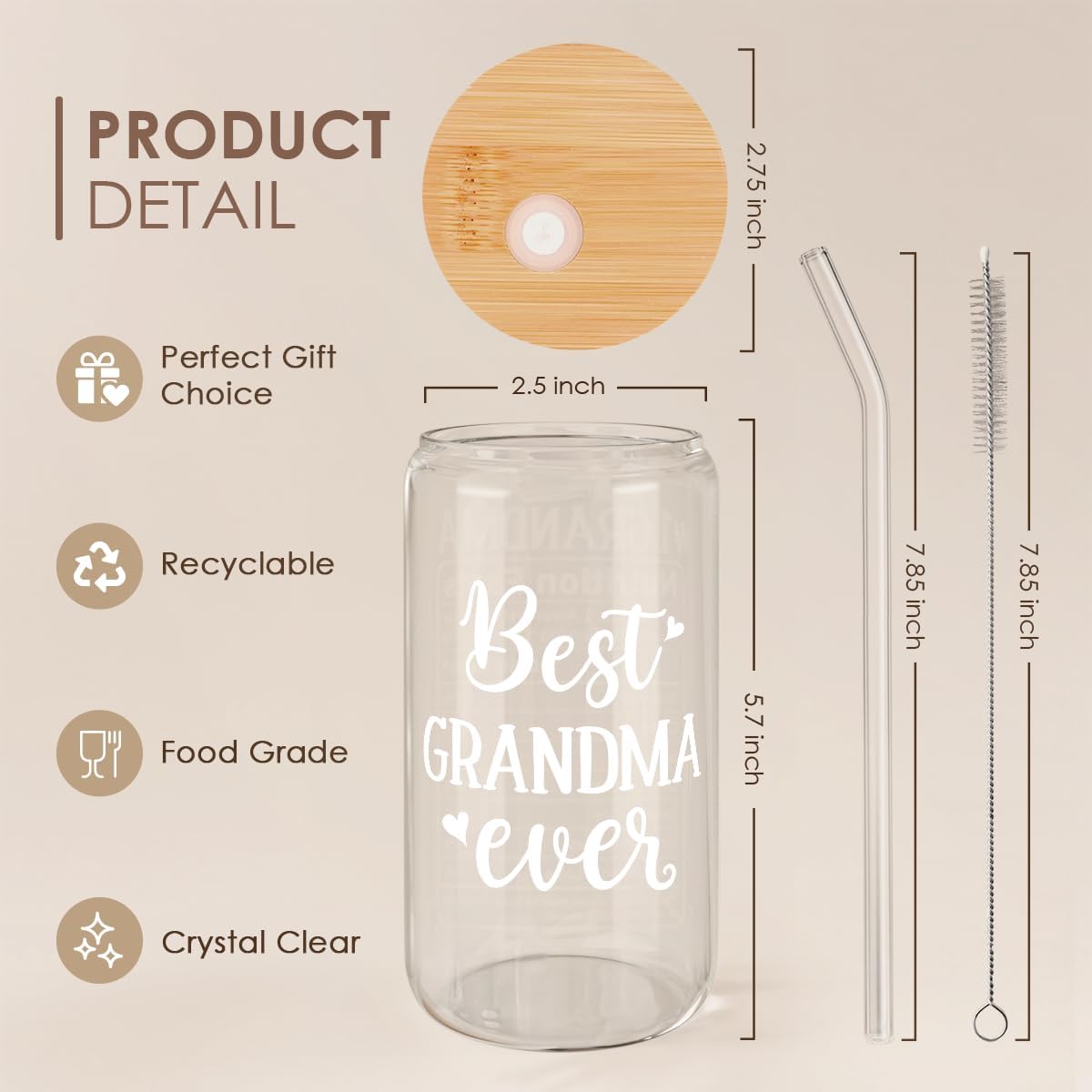 Grandma 16 Oz Can Glass Tumbler with Bamboo Lid and Straw - Iced Coffee Cups for Women