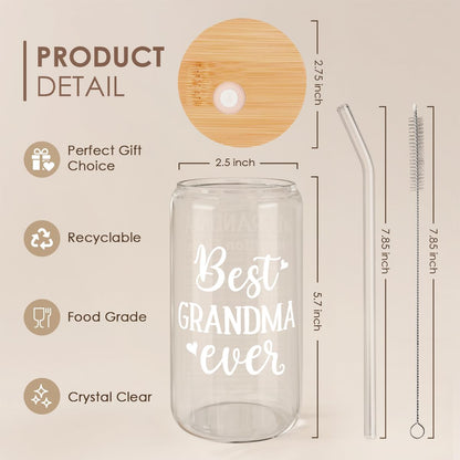 Grandma 16 Oz Can Glass Tumbler with Bamboo Lid and Straw - Iced Coffee Cups for Women