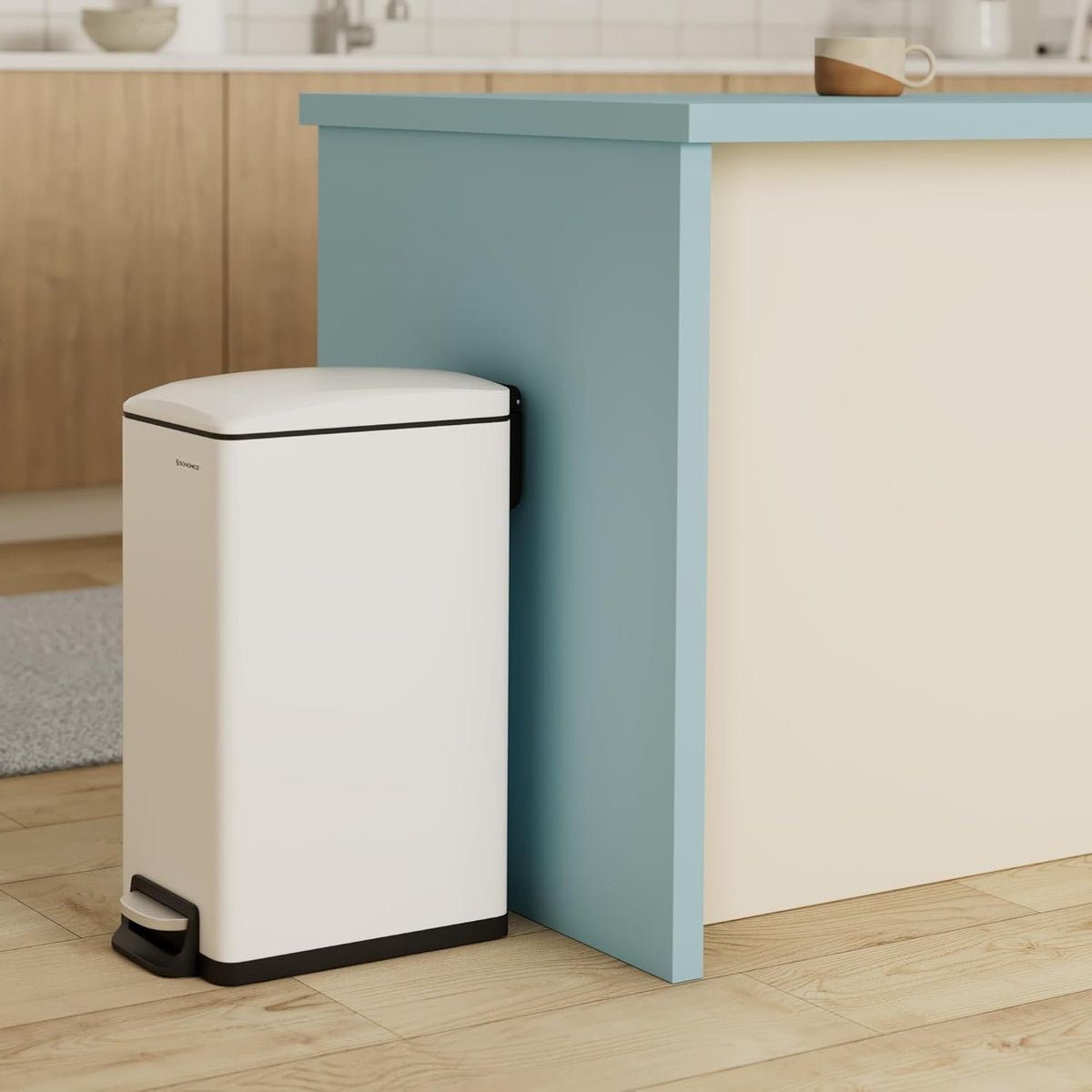 SONGMICS Slim Trash Can, 13-Gallon (50 L) Garbage Can for Narrow Spaces with Soft-Close Lid, Inner Bucket, and Step-on Pedal, Stainless Steel, 15 Trash Bags Included, White ULTB510W48