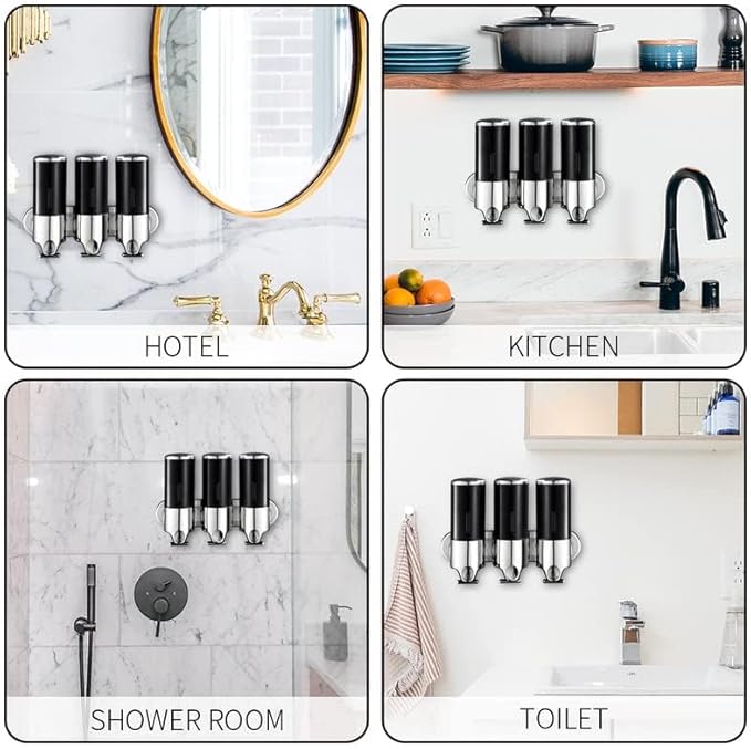 No-Drill 3 Pack 500ml Wall Mounted Soap Dispenser for Bathroom and Kitchen, Shampoo and Conditioner Dispenser Drill Free with Adhesive(Round-Black)
