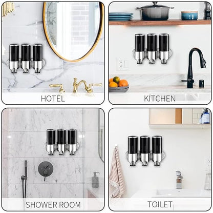 No-Drill 3 Pack 500ml Wall Mounted Soap Dispenser for Bathroom and Kitchen, Shampoo and Conditioner Dispenser Drill Free with Adhesive(Round-Black)
