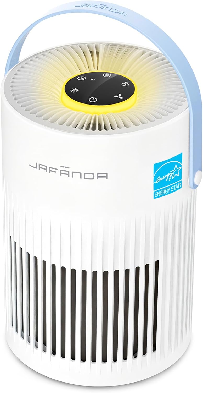 Jafanda Small Air Purifier JF068, 20dB Sleep Mode, Portable Air Cleaner with Handle, 3-Stage HEPA Filtration for Dust, Pollen, Pet Fur, Smoke, 7-Color Light for Home/Bedroom/Dorm/Office/Travel