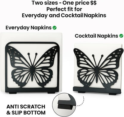 Butterfly Napkin Holder Set – 2 Pack Metal Stand for Everyday & Cocktail Napkins | Modern Black Decorative Coffee Filter Holder for Kitchen, Coffee Bar, Party, Dining Table & Gift