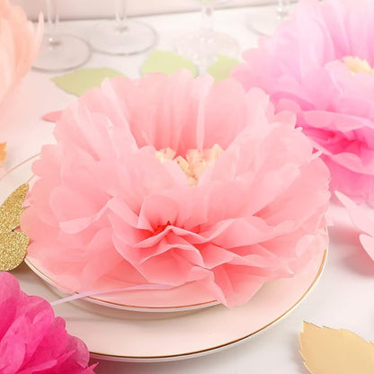 Fonder Mols Tissue Paper Chrysanth Flowers with Butterfly and Olive Leaves for Wedding Baby Shower Nursery Room Parties & Events Decorations Pom Poms (Pink)