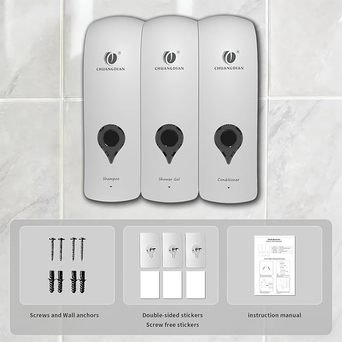 Shampoo Conditioner Body Wash Dispenser, Wall-Mounted Bathroom Soap Dispenser Set of 3 (White), Refillable Shower Soap Shampoo Dispenser for Bathroom,Kitchen,Hotel and Airbnb
