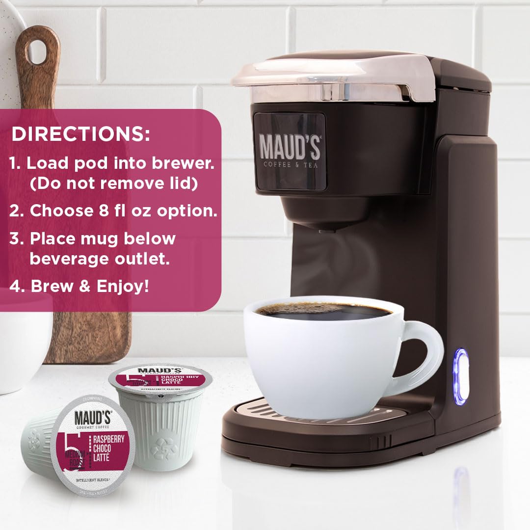 Maud's Raspberry Chocolate Flavored Coffee Pods, 18 ct, Medium Roast Flavored Coffee in Recyclable Single Serve Pods – 100% Arabica Beans