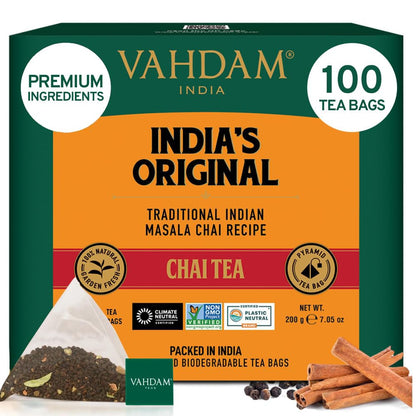 Vahdam, India's Original Masala Chai Tea Bags (100 Count) No Added Flavoring, Blended w/Exotic Spices, Whole Leaf Tea Bags, Resealable Ziplock Pouch