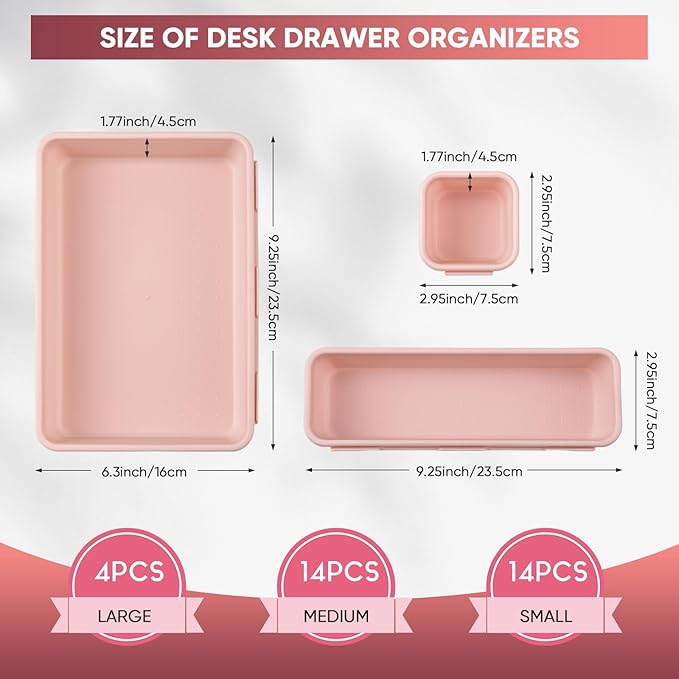 32 Pcs Desk Drawer Organizer Office Organization Tray Versatile Vanity Organizer with Nonslip Pads Makeup for Divider Drawer Storage Box Container for Kitchen Bedroom(Pink)