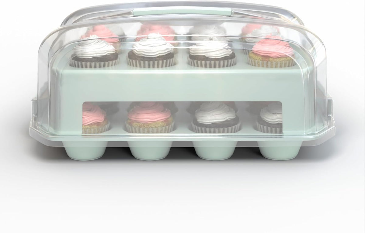 Cupcake Carrier, Green Cupcake Holder Carries 24 Standard-Size Cupcakes, Muffin Traveler Two Tier Stand Reusable Cupcake Box