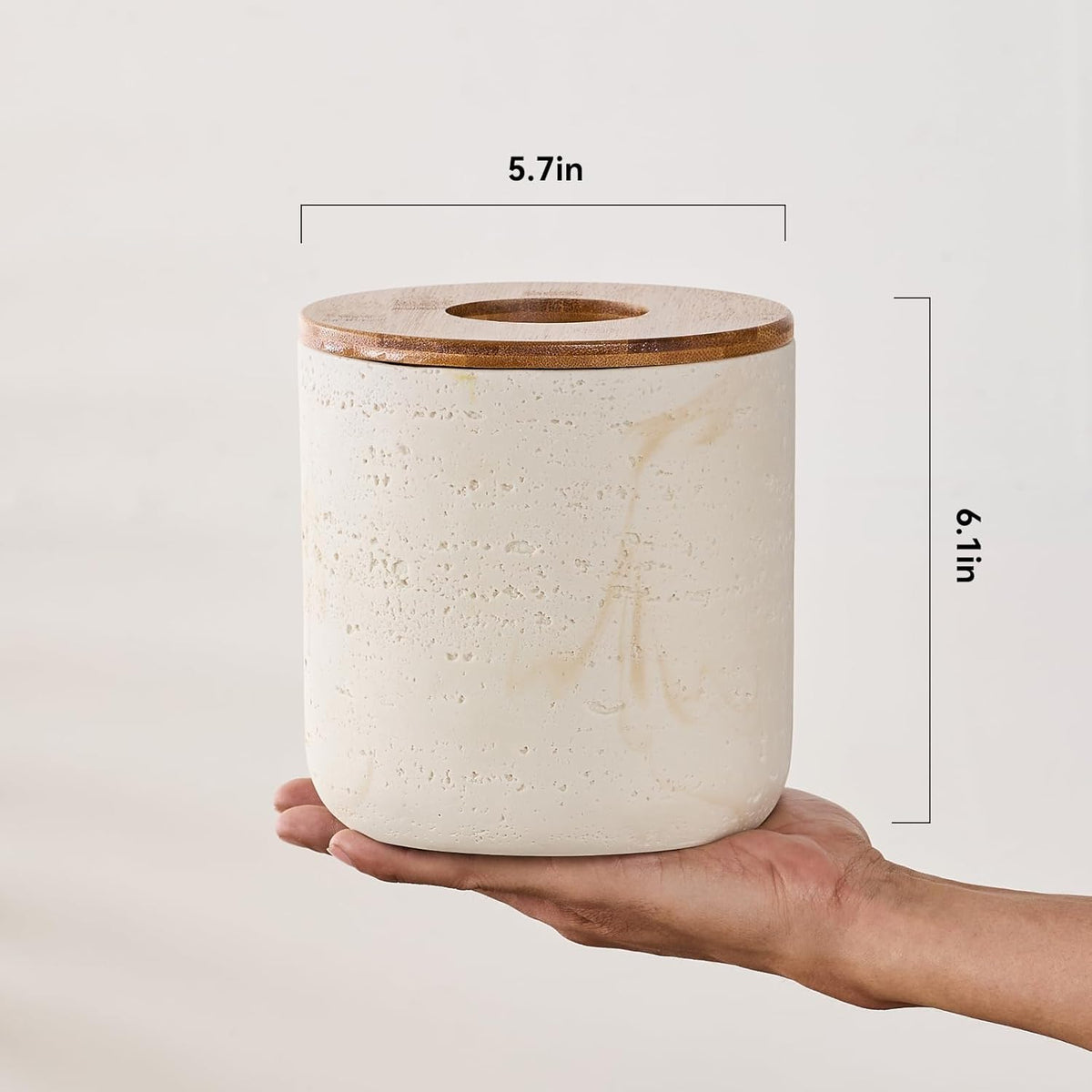Natural Travertine Textures Beige Mini Trash Can with Bamboo Lid,Small Countertop Trash Can for Bathroom, Kitchen, Vanity, Desk Trash Can,Table Top Mini Garbage Can for Dining Room, Tiny Waste Basket