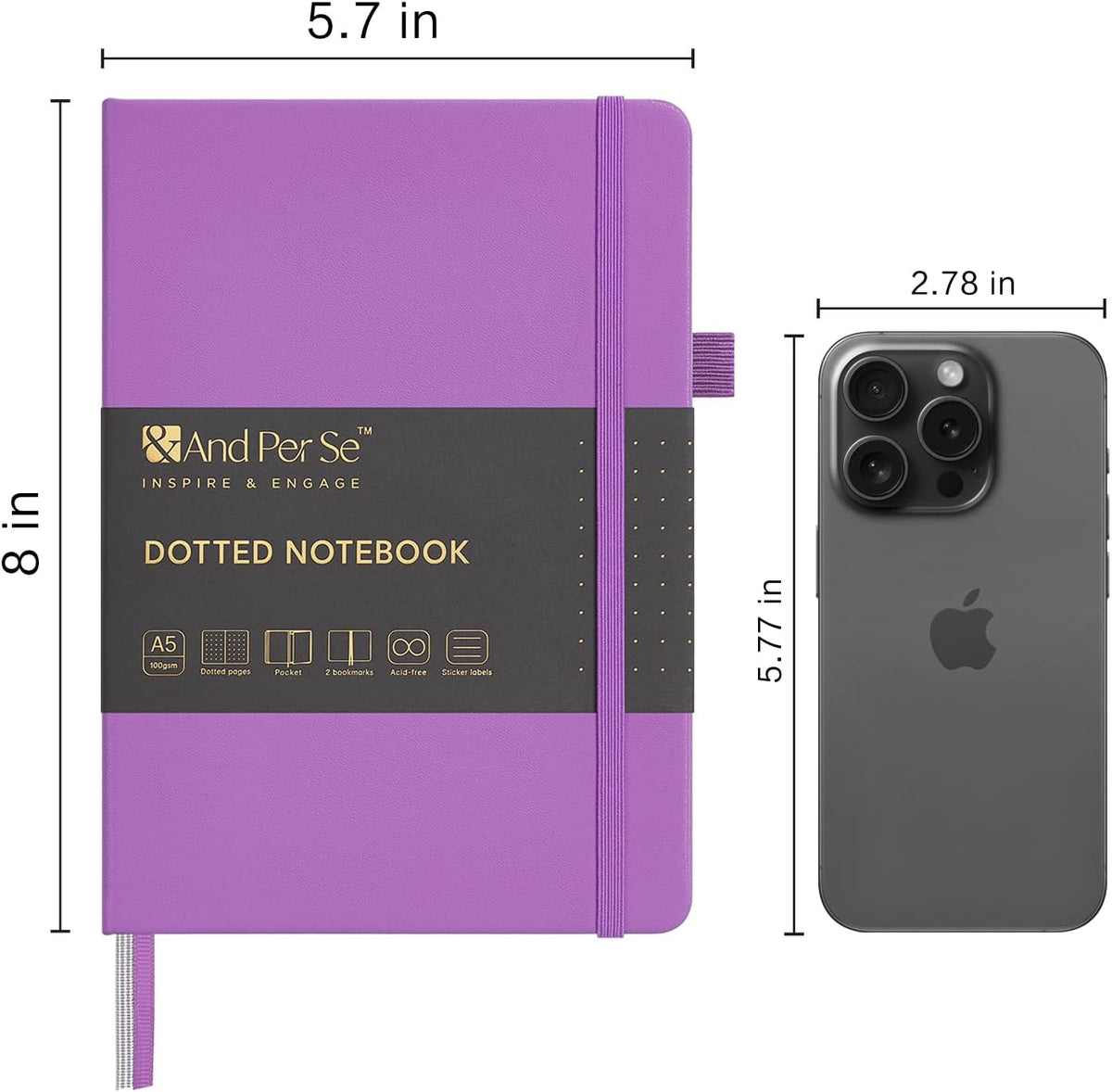 &And Per Se Dotted Journal Notebook, A5 Hardcover Bullet Dotted Journal, 160 Pages 100 gsm Thick Dotted Paper, 3 Sheets of Stickers Included - 5.7'' x 8''（Violet）