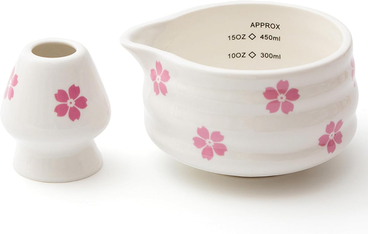 2pcs Matcha Bowl with Whisk Holder, Ceramic Cherry Blossom Matcha Bowl with Spout, 16.5OZ Porcelain Bowl with Measurement Marks