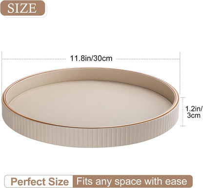 Gorese Round Decorative Tray for Coffee Table Decor, 12" PU Leather Serving tray Table Centerpiece Home Decor