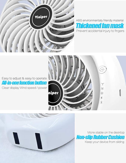 Viniper Portable Rechargeable Fan, Small Desk Fan : 3 Speeds & about 8-24 Hours Longer Working, 180 Rotation, Portable Desktop Fan Small but Mighty, Strong Wind (White, Light Black Blade)6.2 Inch