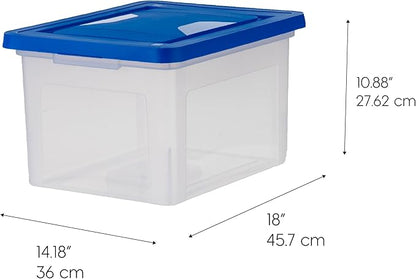IRIS USA File Storage Box with Lid, Document Protection Box for Letter/Legal Files, Safety File Storage Container, Portable Stackable Filing Organizer, 35 Qt, 3 Pack, Clear/Blue