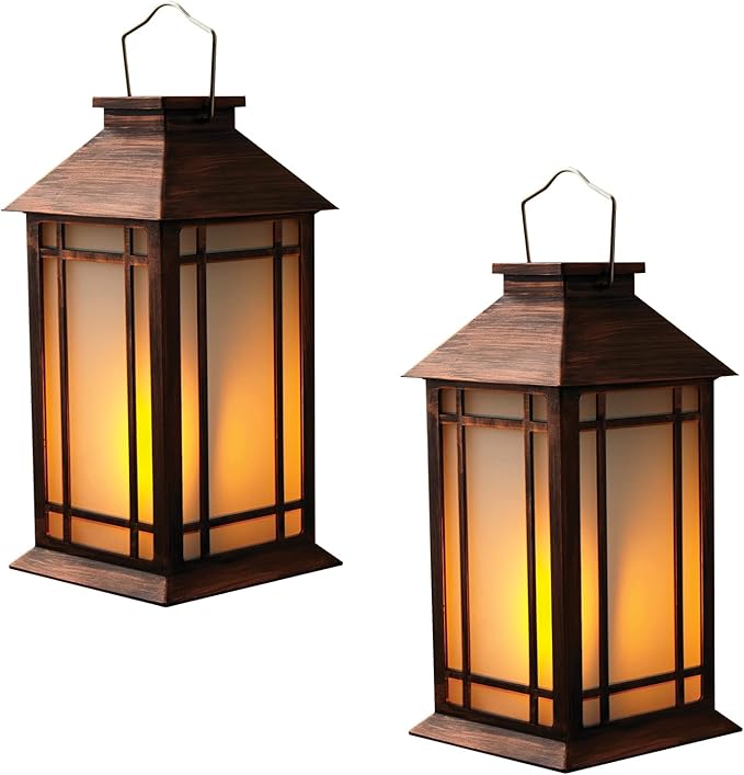 Bdor 2-Pack 13" Vintage Candle Lantern with Led Flameless Candle (6hr Timer) - IP65 Waterproof Battery Powered - Outdoor Patio Hanging Lanterns Decorative Tabletop Lanterns