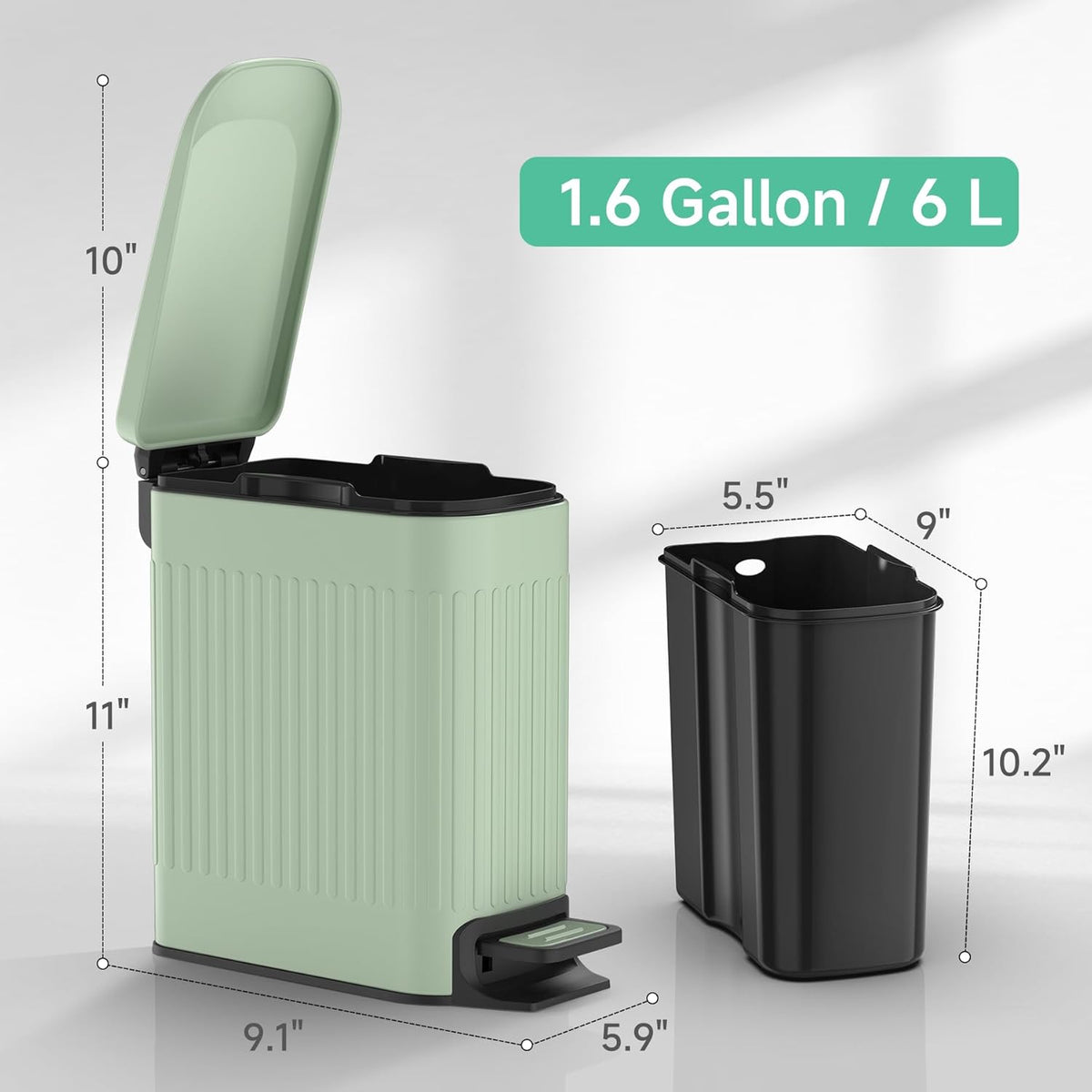 TIPGO Slim Bathroom Trash Can with Lid Soft Close, Step Pedal, 6 Liter / 1.6 Gallon Stainless Steel Trash Bin, Small Garbage Cans for Bedroom, Office, Kitchen (Green)