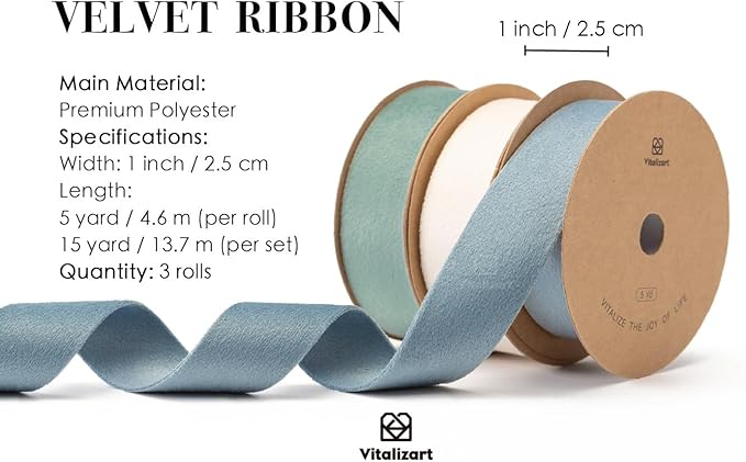 Vitalizart Velvet Ribbon Set 1 Inch Double Faced for Christmas Ornaments Gift Wrapping 15 Yards Wreath Decoration Bows Making Crafts Dusty Blue Green & Ivory