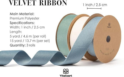 Vitalizart Velvet Ribbon Set 1 Inch Double Faced for Christmas Ornaments Gift Wrapping 15 Yards Wreath Decoration Bows Making Crafts Dusty Blue Green & Ivory