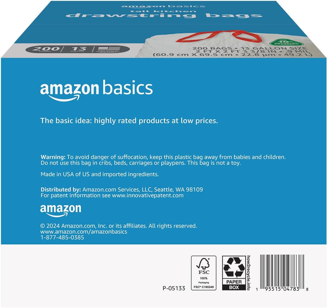 Amazon Basics 13 Gallon Tall Kitchen Drawstring Trash Bags, Unscented, 10% Post Consumer Recycled, 200 Count