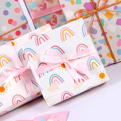 Pink Gift Wrapping Paper, Birthday Wrapping Paper for Girl w/Gift Tags, Rainbow Polka Dots Heart Gift Wraps for Birthday, Valentines Day, Christmas, Wedding, Baby Shower, 4 Sheets 27.5x19.6inch