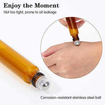 10pcs Amber Essential Oil Roller Bottles, 10ml Roller Bottles for Essential Oils, Refillable Roller Balls for Essential Oils, with Stainless Steel Roller Balls, 2 Droppers for Travel, Perfume and Lip
