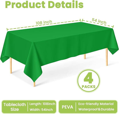 Mulbozy Green Plastic Table Cloth Disposable 4 Pack, 54 × 108 Inch Tablecloths Rectangle, Green Plastic Table Cover for Party Decor