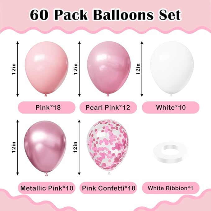 Pink Balloons, 60Pcs Pink and White Balloons, 12in Light Pink Latex Balloons for Girls Baby Shower Birthday Wedding Bridal Shower Decorations