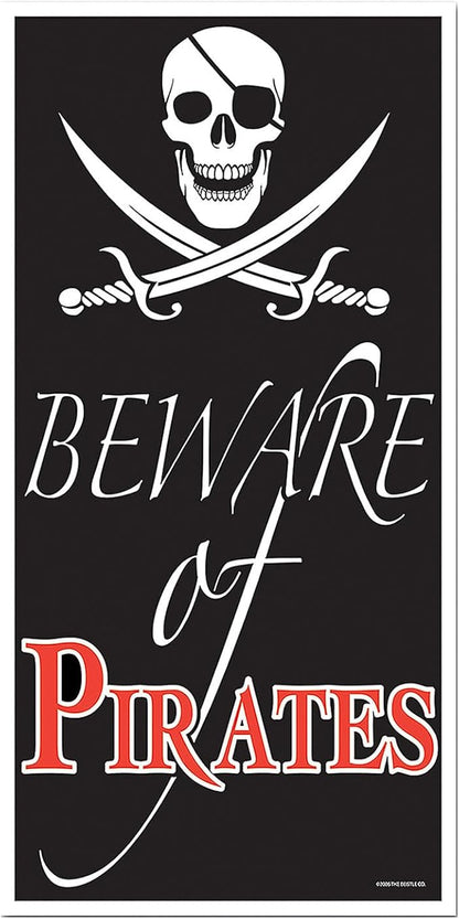 Beistle Plastic Beware of Pirates Door Cover, 5' x 30" - Skull & Swords Sign Party Decor, Nautical Wall Decorations, Themed Birthday Parties, Events & Celebrations