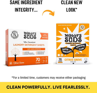 Molly’s Suds Laundry Detergent Sheets | Gentle on Sensitive Skin, Powerful Bio-Based Enzymes, Stain-Fighting | Liquidless & Plastic-Free Packaging | 70 Loads (Citrus Grove)