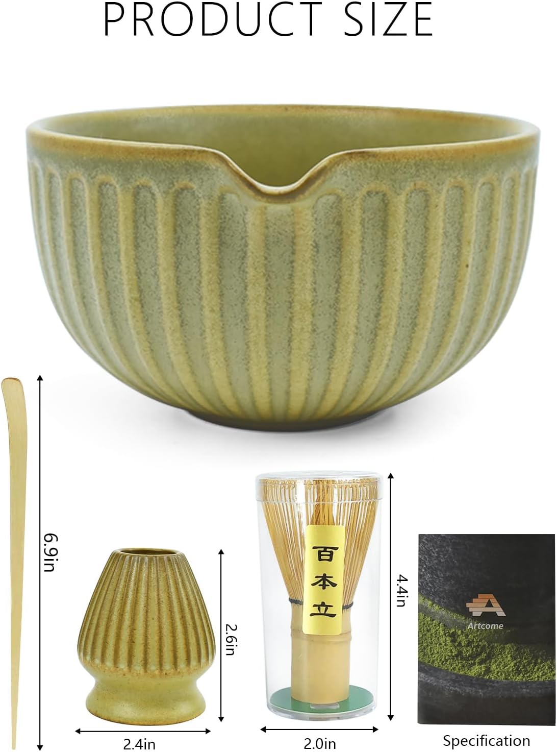 Artcome Matcha Bowl Set with Pouring Spout - Ceramic Matcha Bowl, Bamboo Whisk, Whisk Holder, Tea Scoop - Complete Traditional Japanese Tea Ceremony Kit for Home & Office - Ideal for Gift