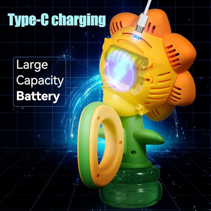 Sunflower Bubble Machine for Kids Automatic Flower Bubble Toy with Colorful Lighting for Toddlers Handheld 20000+Bubbles 3 Modes Fun Swing Dance Bubble Maker Blower Blaster Outdoor Toys Type-C Blue