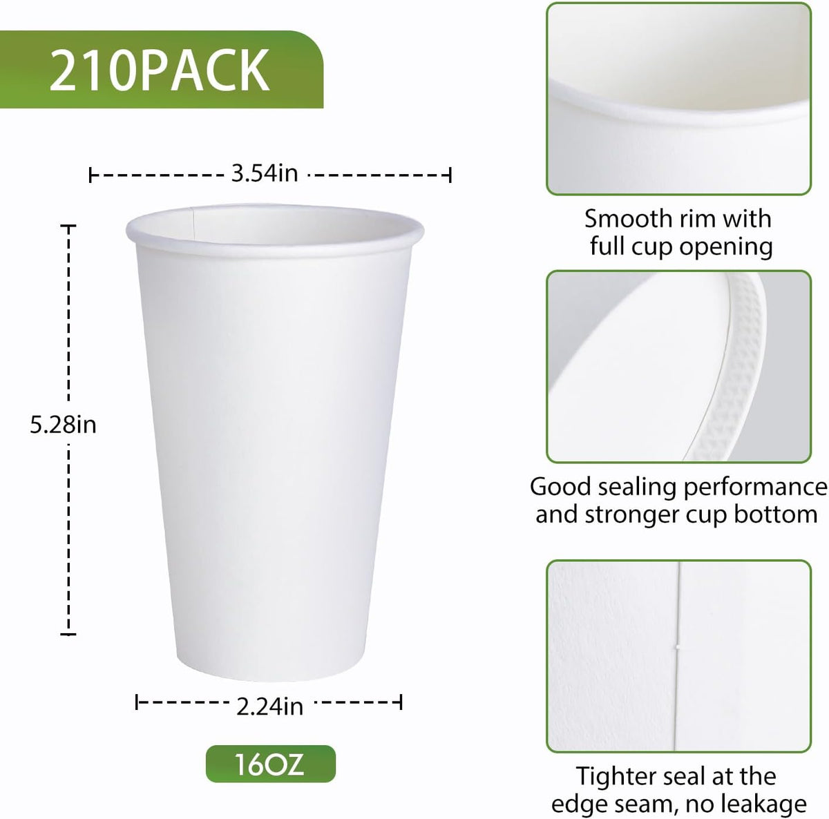 Litopak 210 Pack 16 oz Disposable Paper Coffee Cup, Hot/Cold Beverage Drinking Cups for Water, Paper Coffee Cups, White Hot Coffee Cups