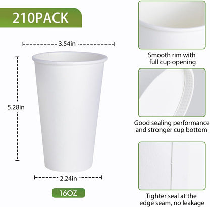 Litopak 210 Pack 16 oz Disposable Paper Coffee Cup, Hot/Cold Beverage Drinking Cups for Water, Paper Coffee Cups, White Hot Coffee Cups
