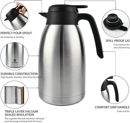 Heritage66 Thermal Coffee Carafe with Cleaning Brush – 68 oz (2 L) Vacuum Insulated Stainless Steel Beverage Dispenser, Keeps Drinks Hot 12 H/Cold 24 H, Ideal for Home, Office &amp; Parties