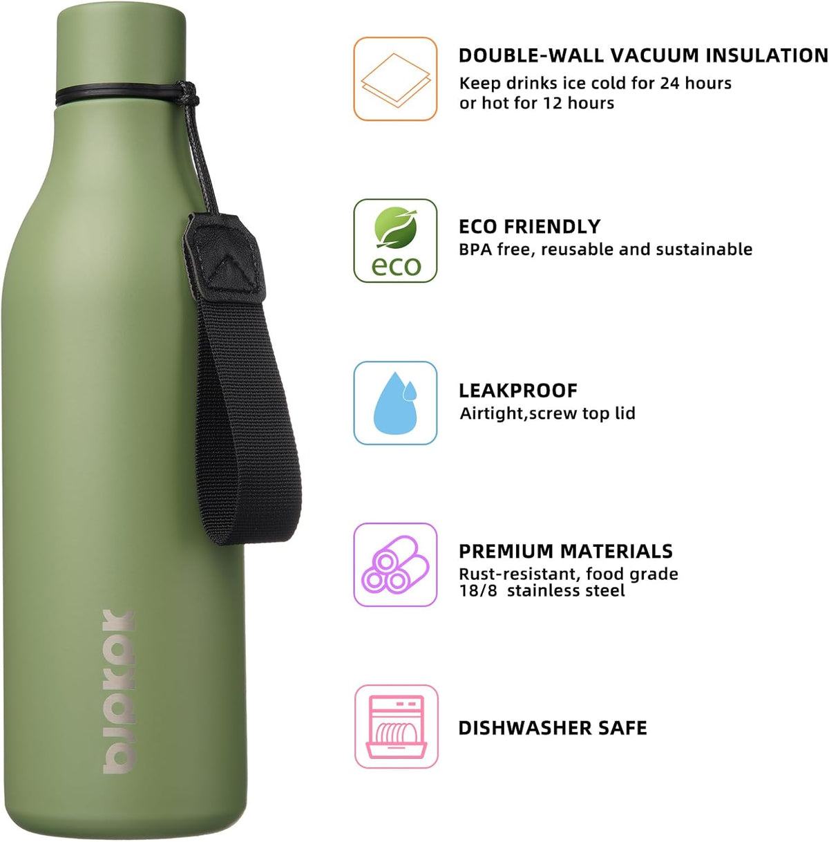 Bjpkpk Insulated Water Bottles, 25 oz Stainless Steel Metal Water Bottle with Strap, BPA Free Leak Proof Thermos, Mugs, Flasks